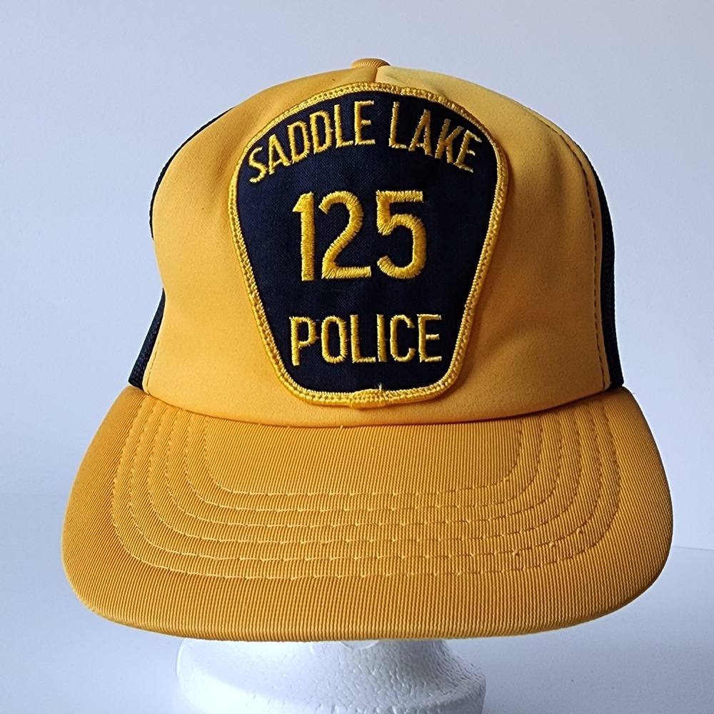 Vintage Saddle Lake 125 Police Trucker Hat Mesh Cap Snap Back Patch 80s Alberta